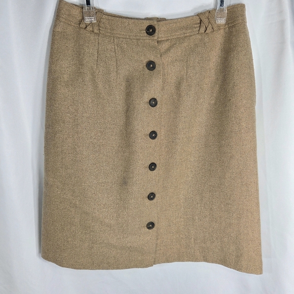 French Connection NWOT Camel & Metallic Button Front Wool Blend Skirt Size 10 - Picture 1 of 9
